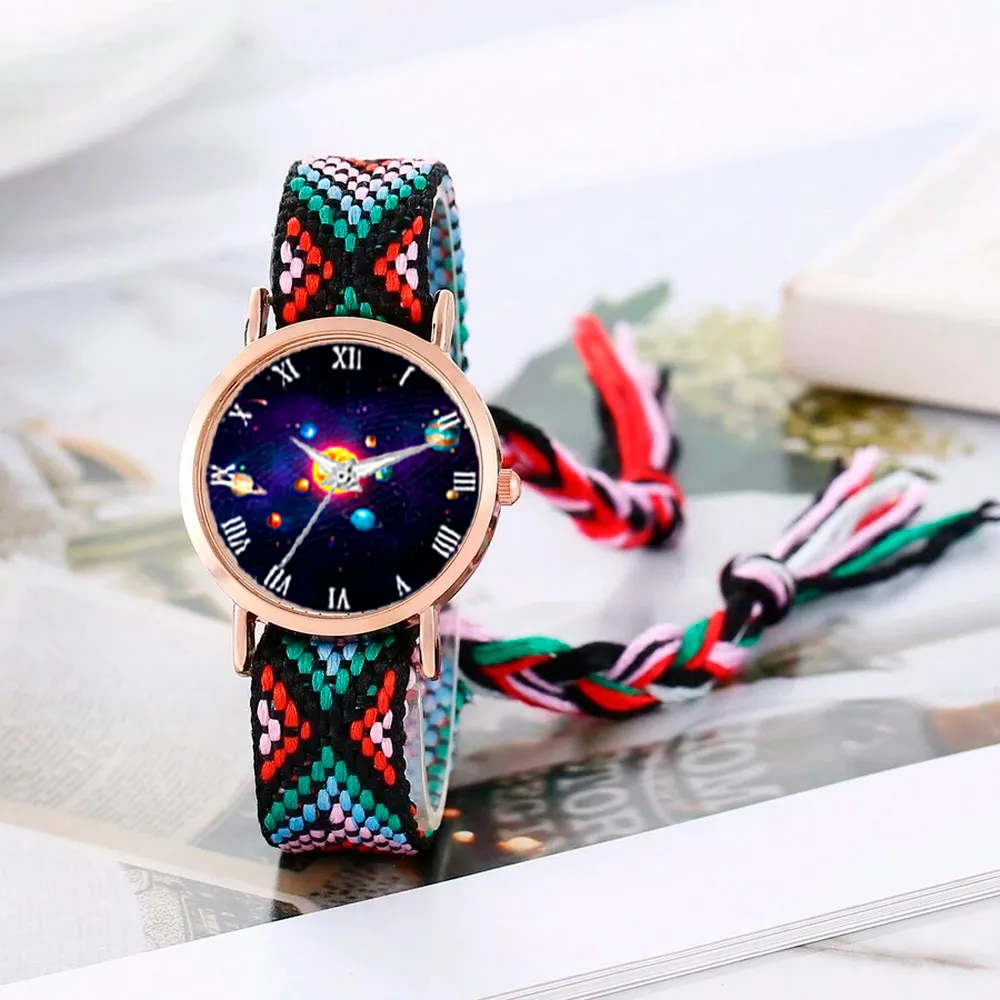 Reloj Sistema Solar Dorado Tejido Artesanal Mujer + Estuche