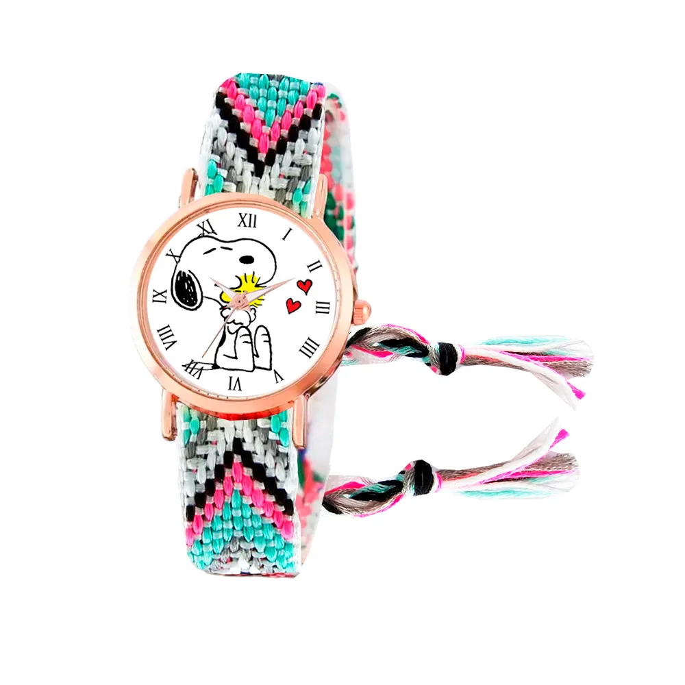 Reloj Snoopy Dorado Tejido Artesanal Mujer + Estuche