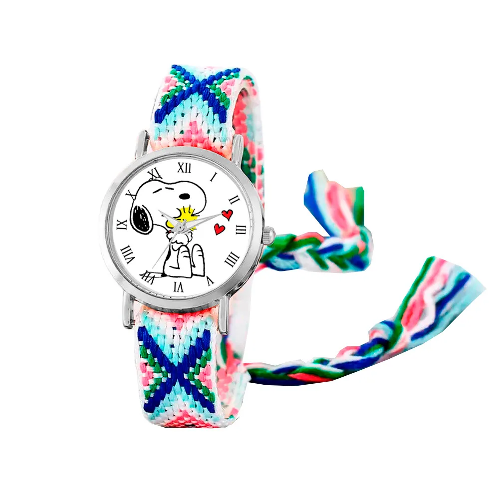 Reloj Snoopy Perro Plateado Tejido Artesanal + Estuche