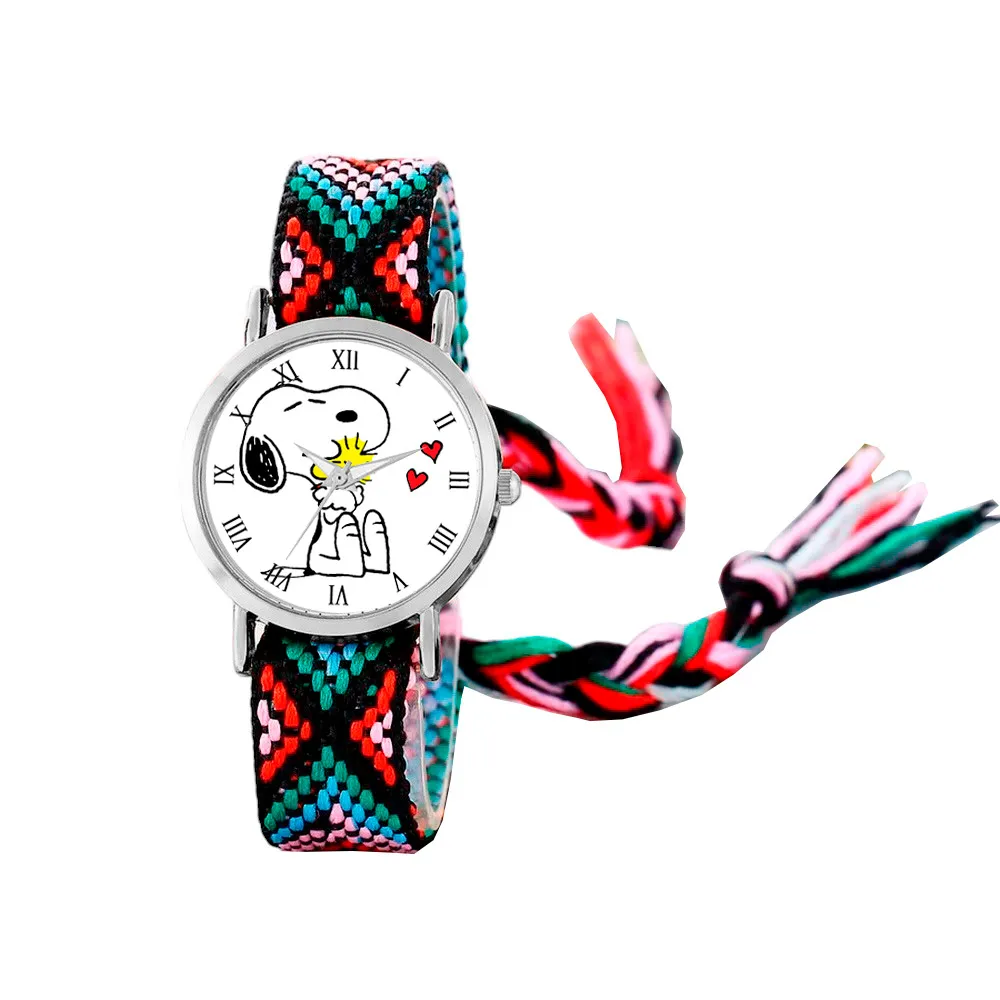 Reloj Snoopy Perro Plateado Tejido Artesanal + Estuche