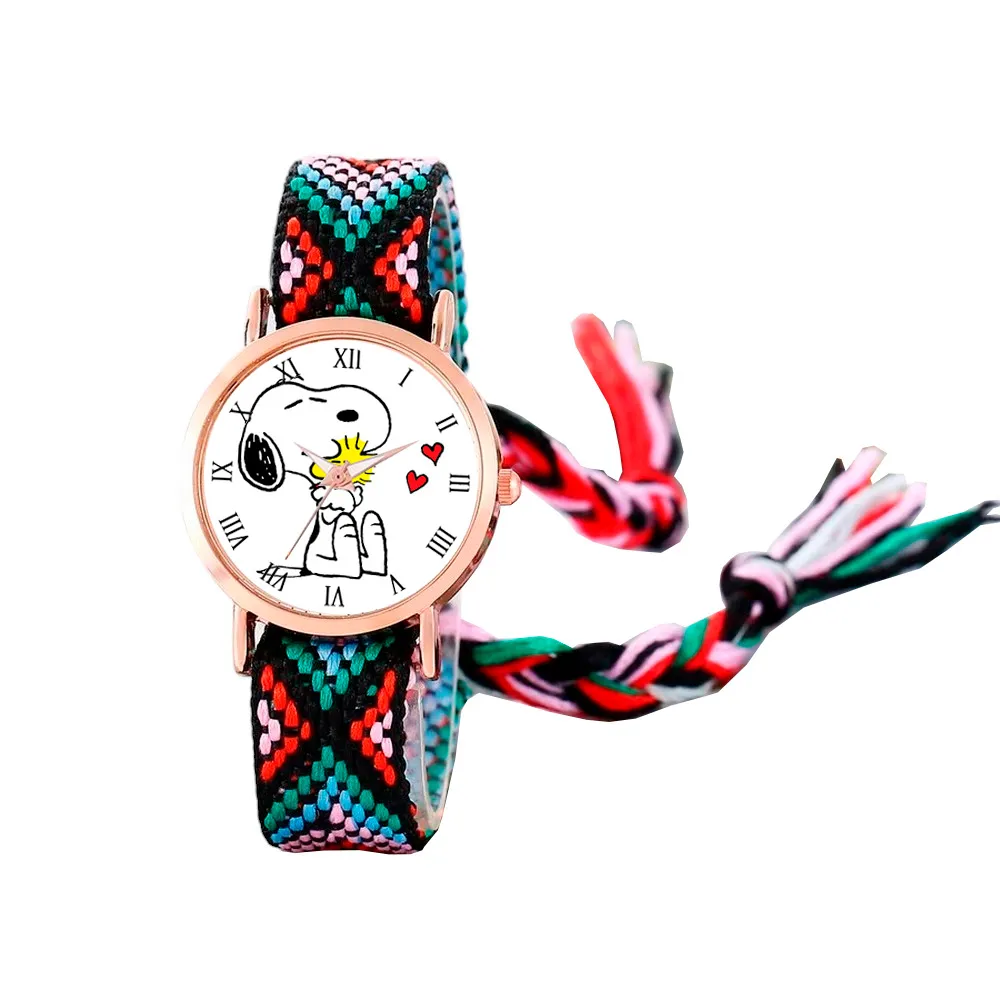 Reloj Snoopy Dorado Tejido Artesanal Mujer + Estuche