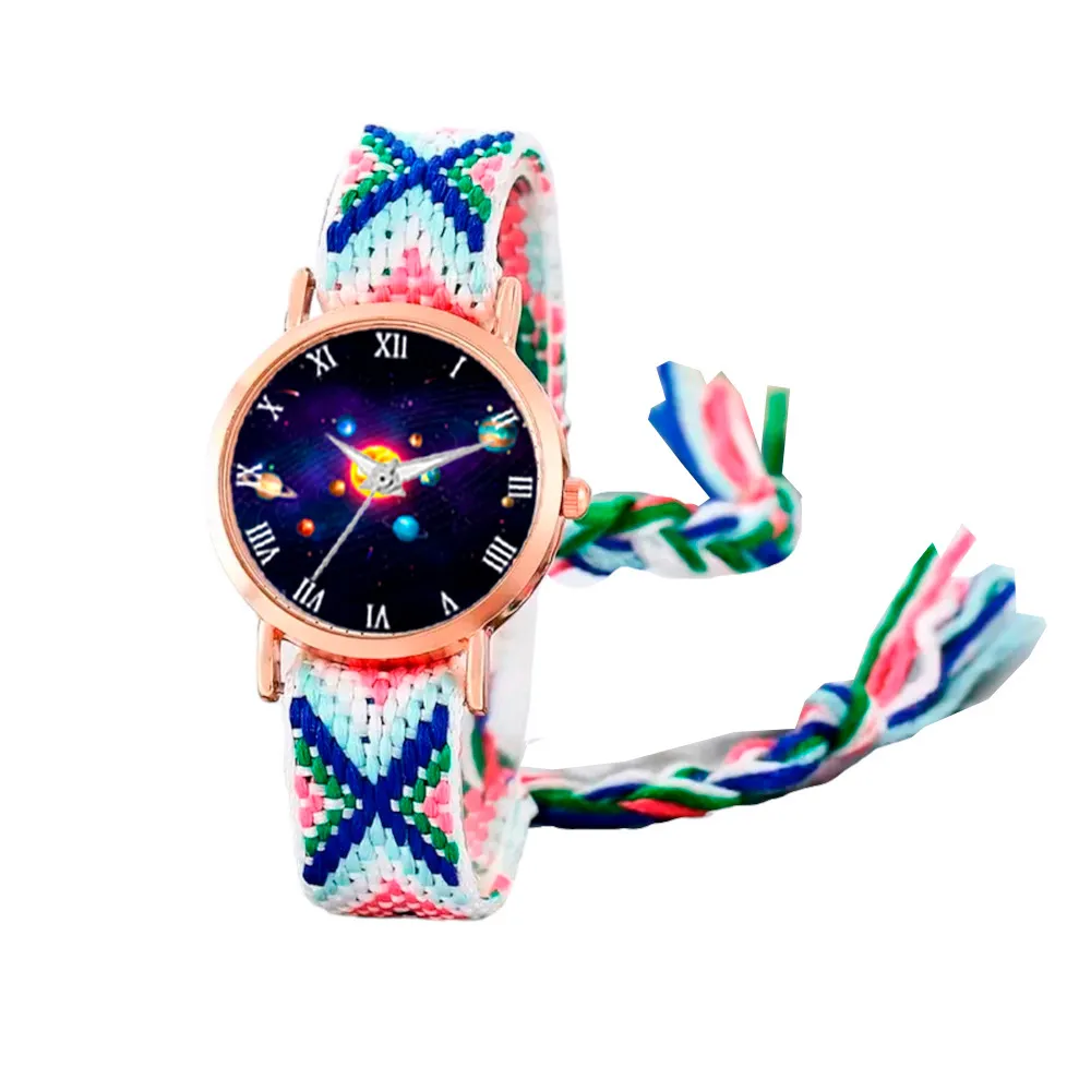 Reloj Sistema Solar Dorado Tejido Artesanal Mujer + Estuche