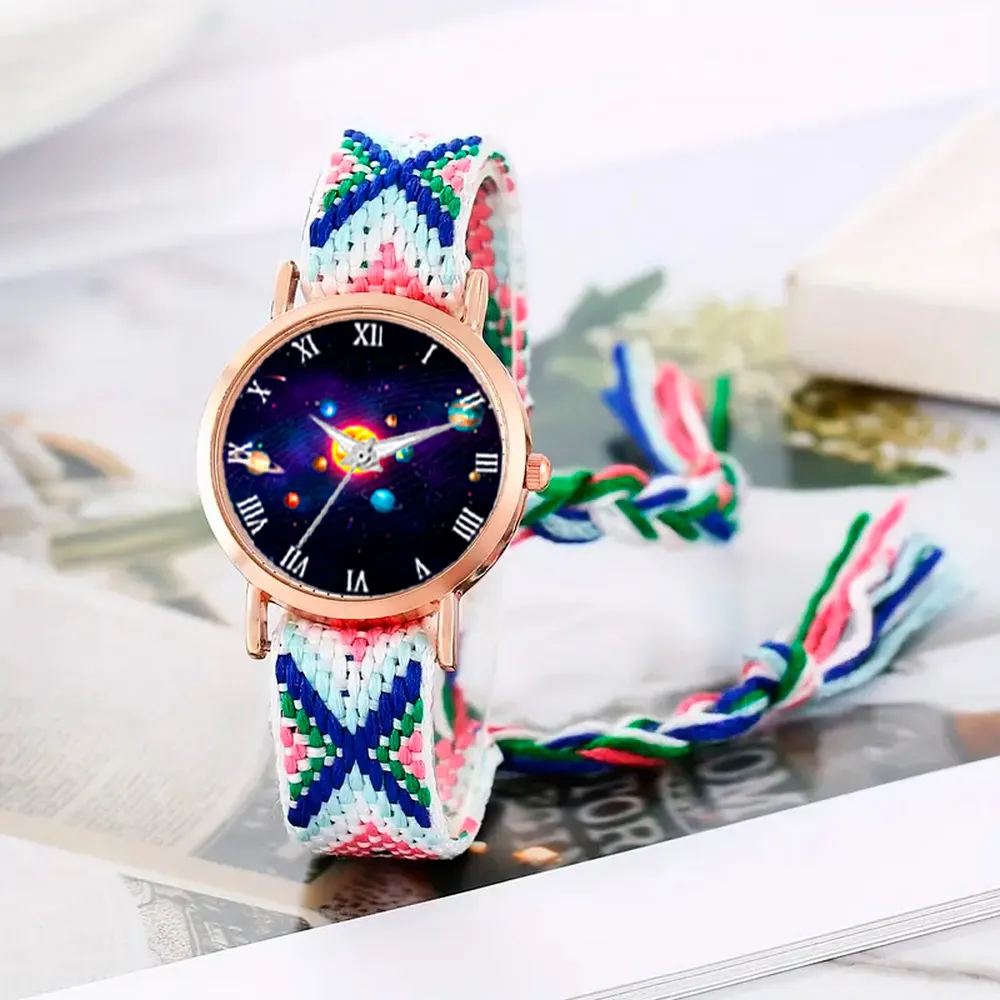 Reloj Sistema Solar Dorado Tejido Artesanal Mujer + Estuche