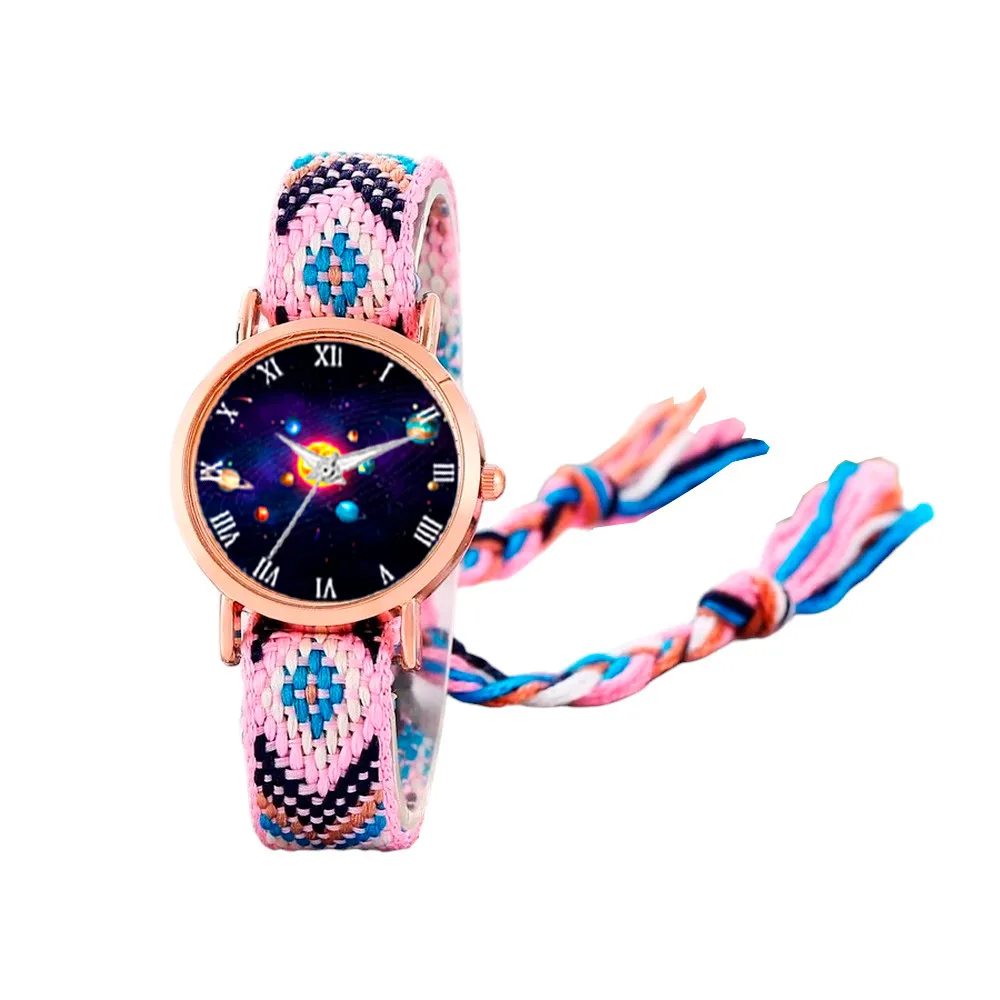 Reloj Sistema Solar Dorado Tejido Artesanal Mujer + Estuche