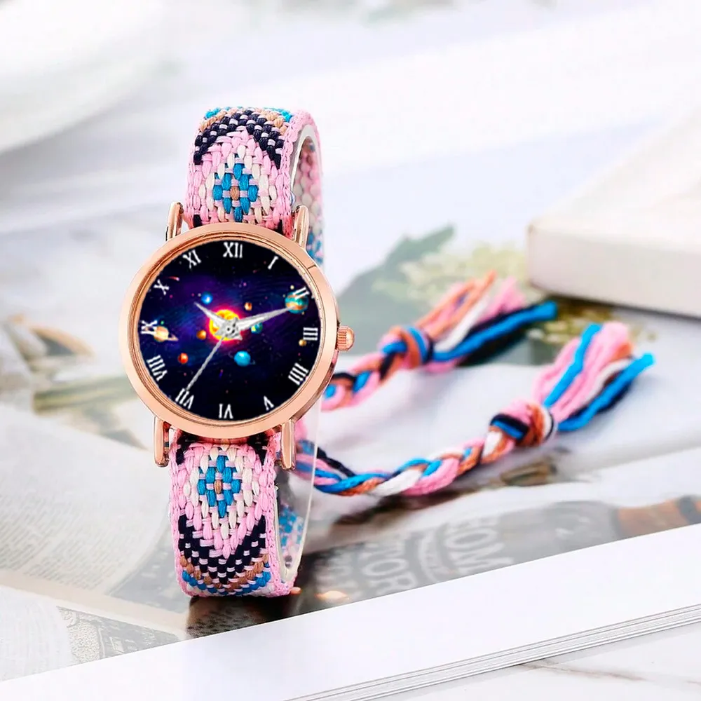 Reloj Sistema Solar Dorado Tejido Artesanal Mujer + Estuche