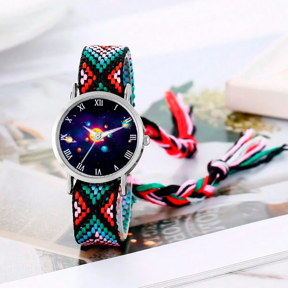 Reloj Sistema Solar Plateado Tejido Artesanal + Estuche