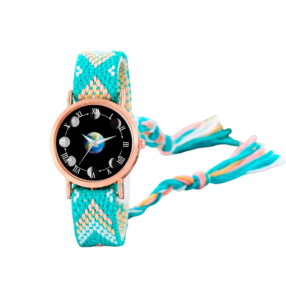 Reloj Luna Fase Lunar Dorado Tejido Artesanal Mujer+ Estuche