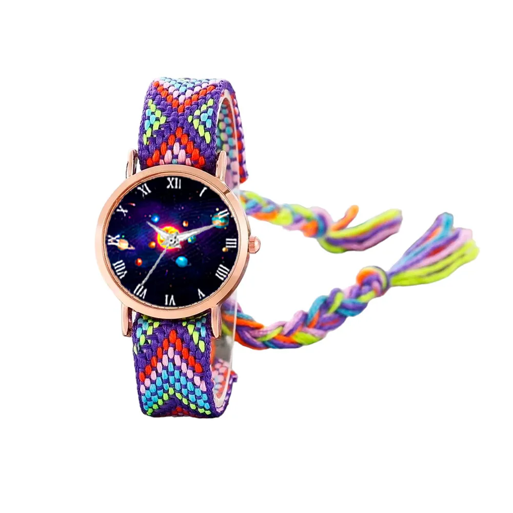 Reloj Sistema Solar Dorado Tejido Artesanal Mujer + Estuche