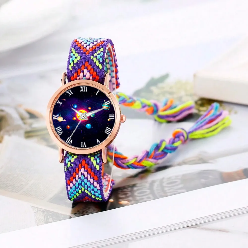 Reloj Sistema Solar Dorado Tejido Artesanal Mujer + Estuche