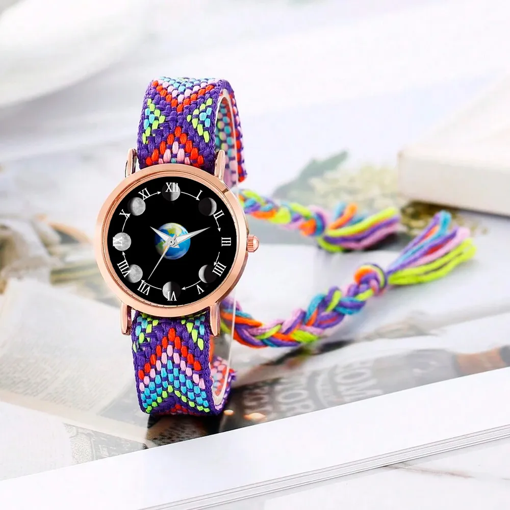 Reloj Luna Fase Lunar Dorado Tejido Artesanal Mujer+ Estuche