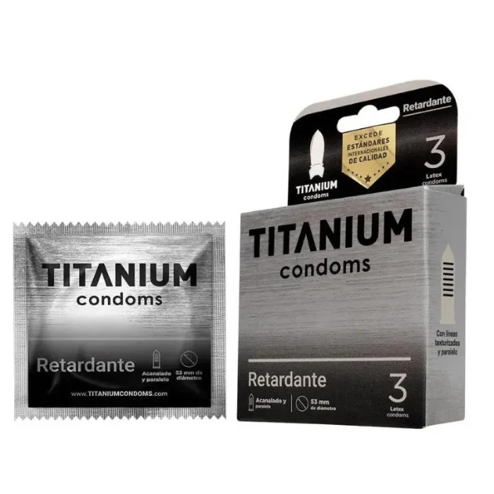 *5 Condones Preservativos Titanium Retardante Caja X 3 Unidades 