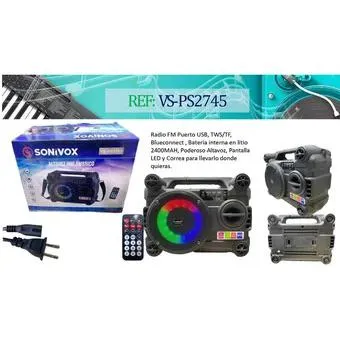 Parlante Portatil VS-PS2745 Negro Luz Led Control Remoto Cable Carga SONIVOX