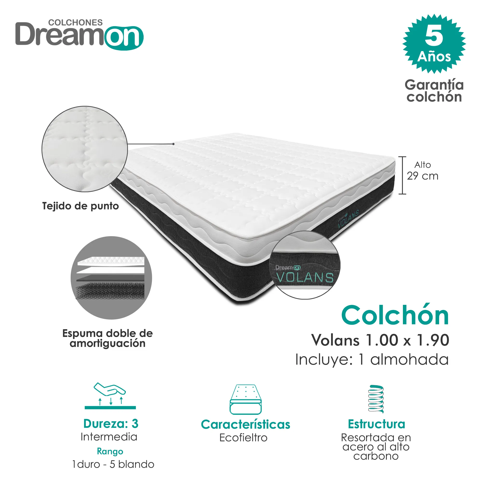 Colchon DreamOn Volare 100 x 190 Dureza Intermedia