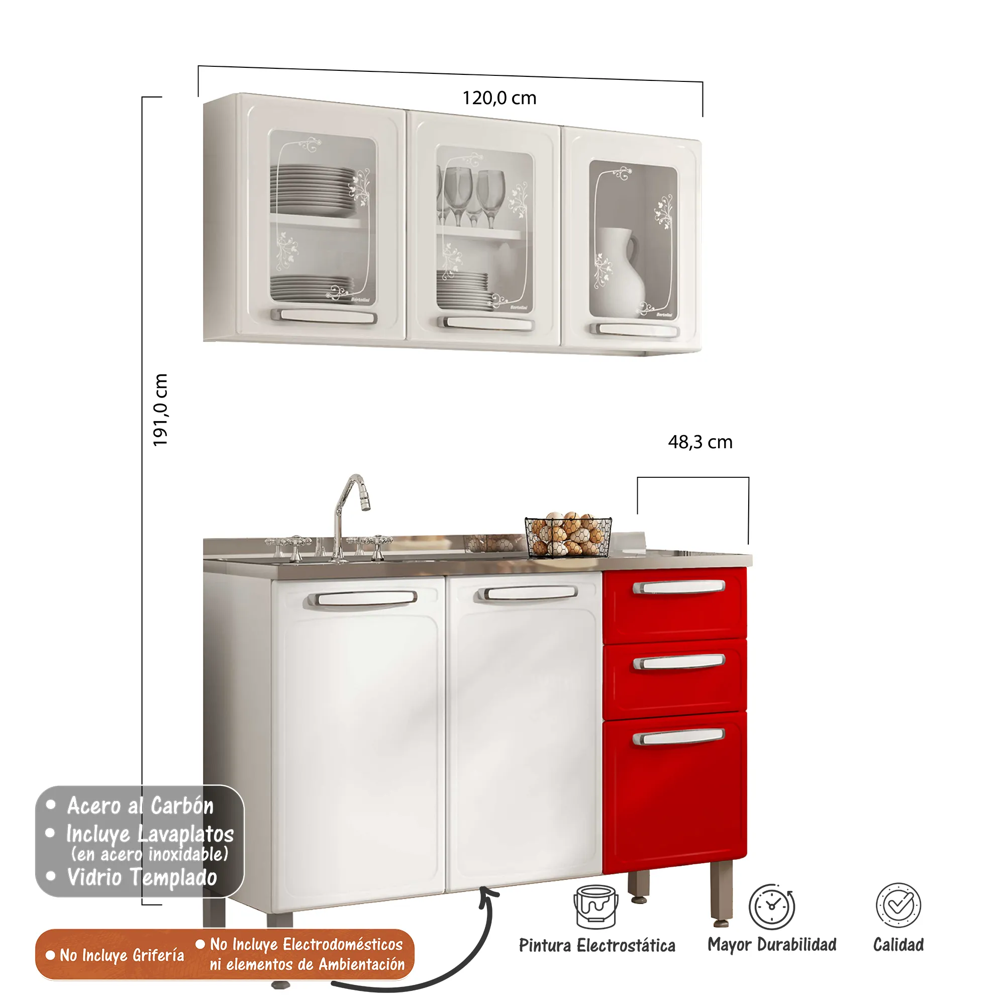 Cocina Integral Bertolini En Acero 1.20m Incluye Lavaplatos Color Blanco Con Rojo