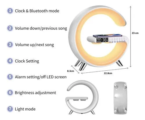 Parlante Lampara Cargador Inalámbrico Rgb Reloj App Bt G