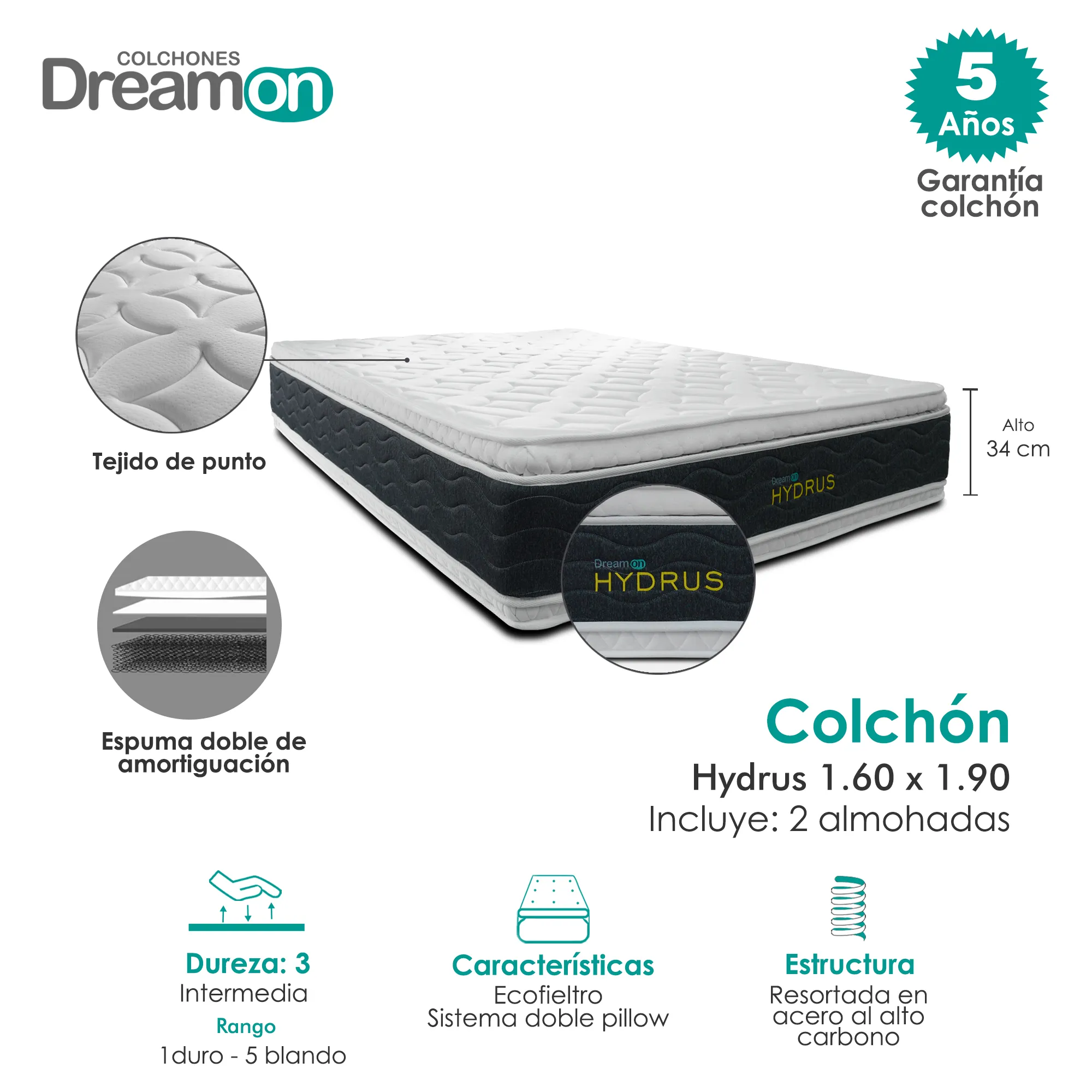 Colchon DreamOn Hodim 160 x 190 Dureza Intermedia