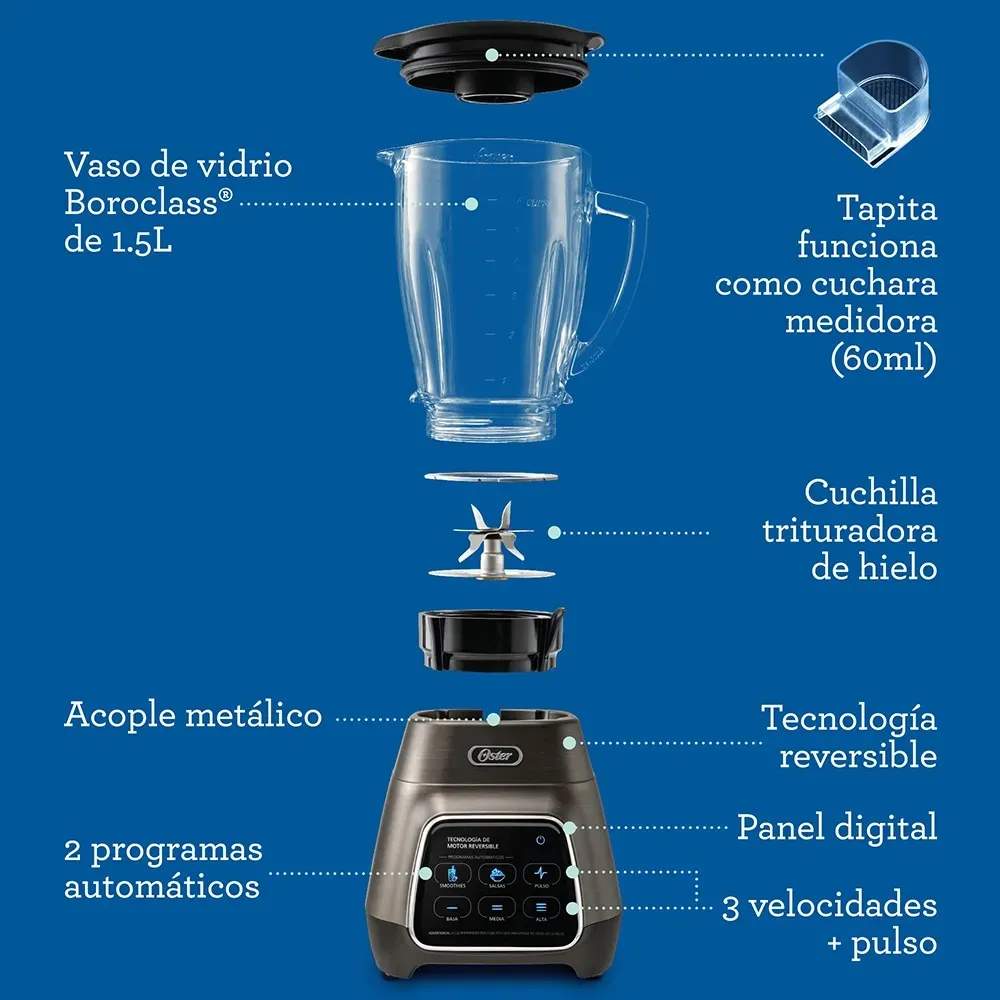 Licuadora Touch Oster Programas Automáticos Con Tecnología Reversible, Pantalla Táctil y Vaso BLend-N-Go BLSTPYG1312XBG