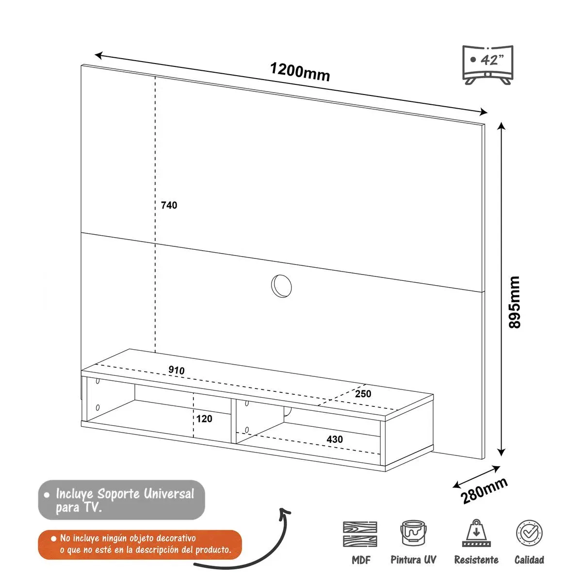 Panel Mueble De TV 42" Bertolini Incluye Soporte Color Negro