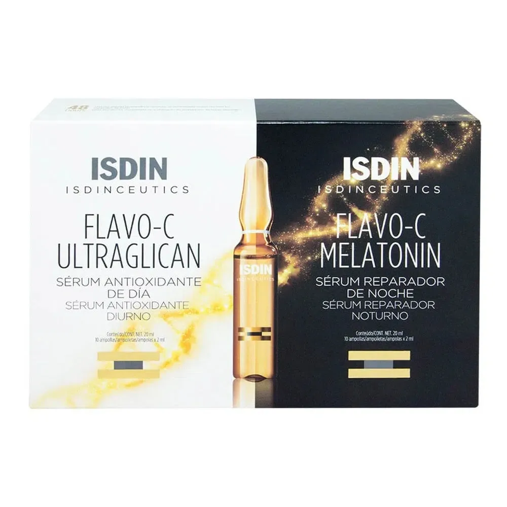 Isdinceutics Flavo-C Melatonin (10 Ampollas) &amp; Isdinceutics Ultraglican (10 Ampollas) - Tratamiento Anti-edad y Hidratante