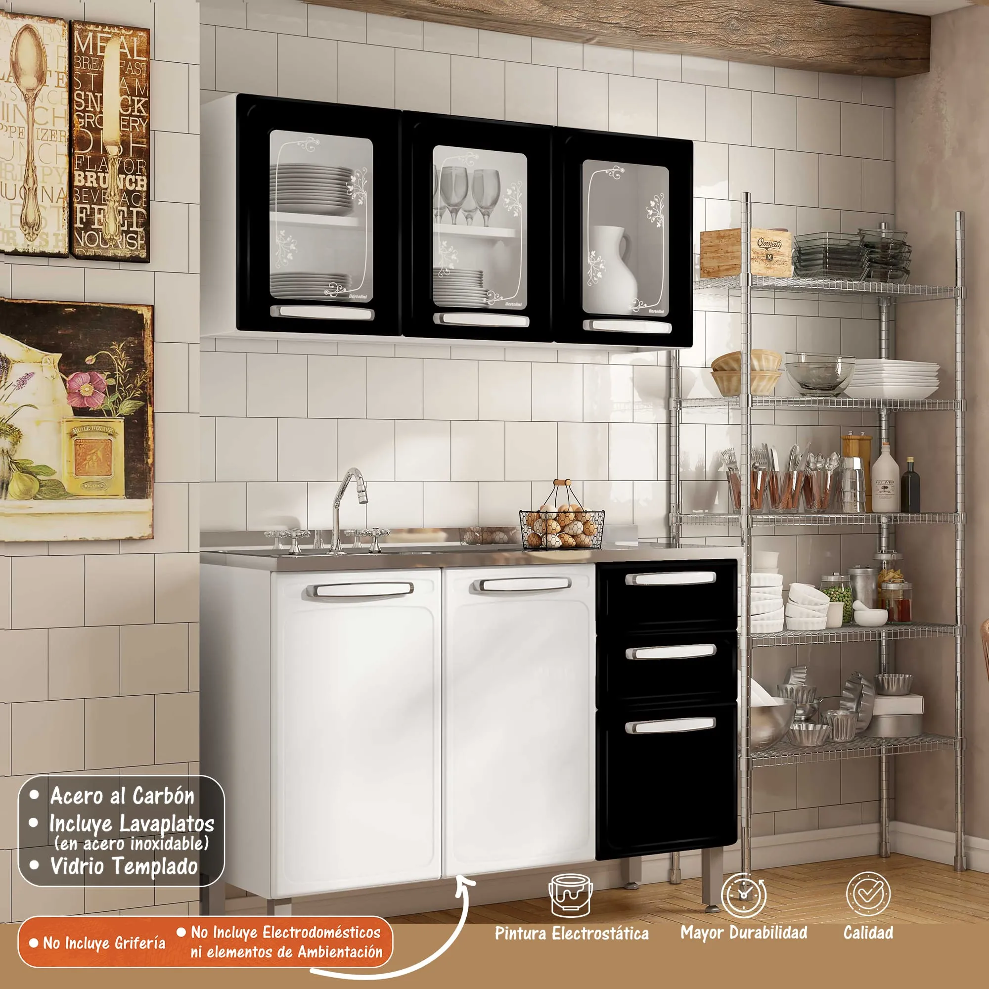 Cocina Integral Bertolini En Acero 1.20m Incluye Lavaplatos Color Negro