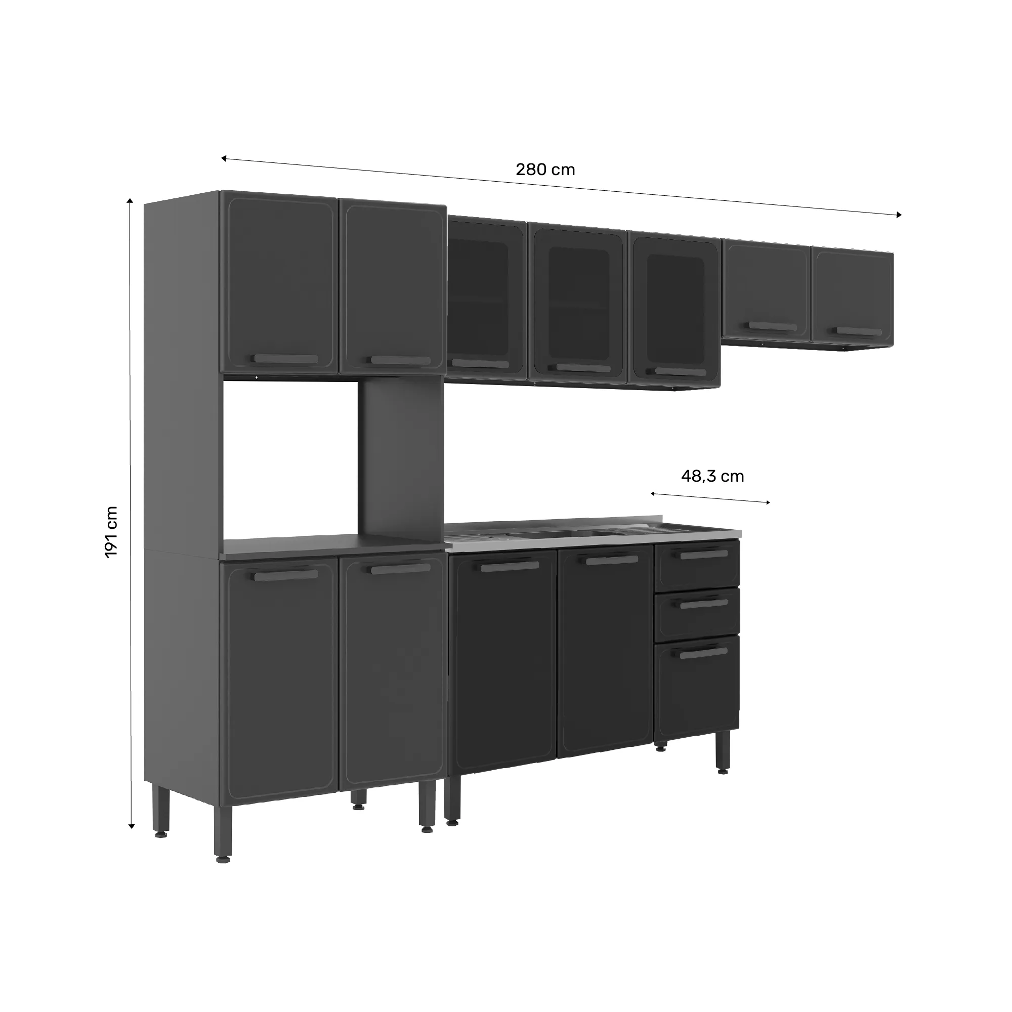 Cocina Integral Acero 280cm Incluye Lavaplatos Central Gris