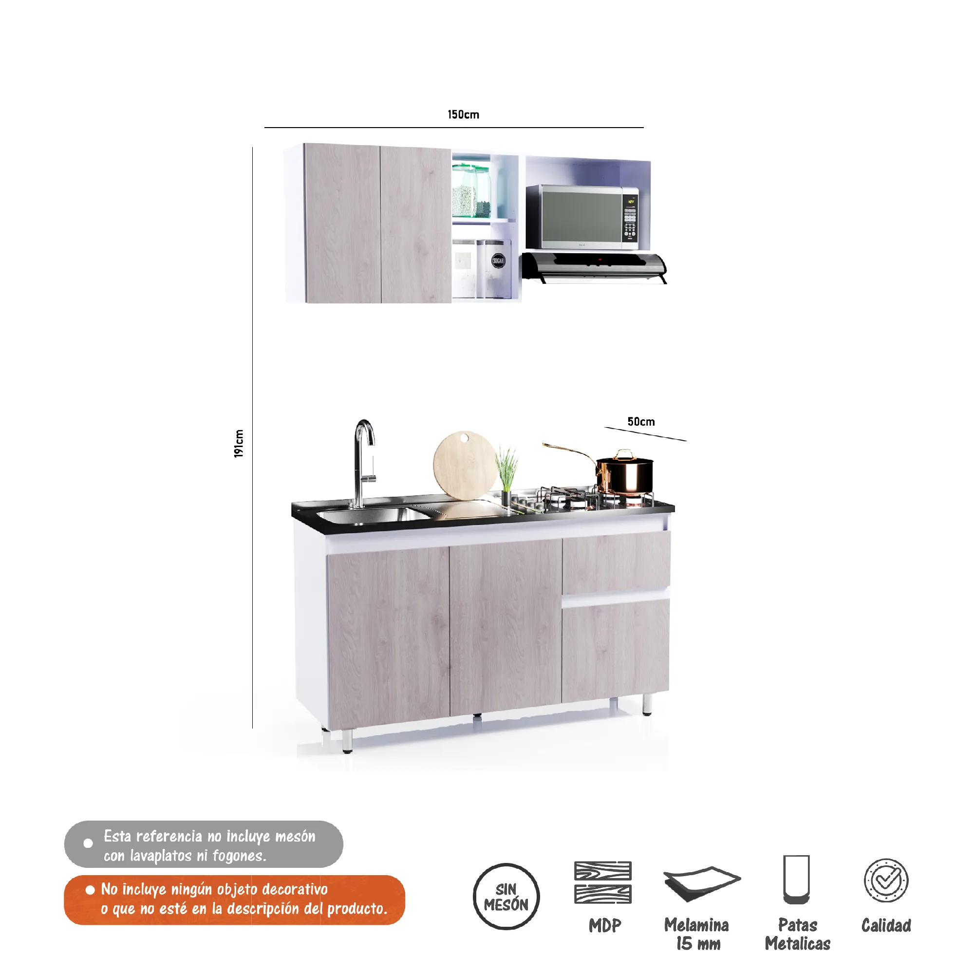 Cocina Integral Rosy 150cm NO Incluye Meson Bertolini Color Ceniza Y Blanco