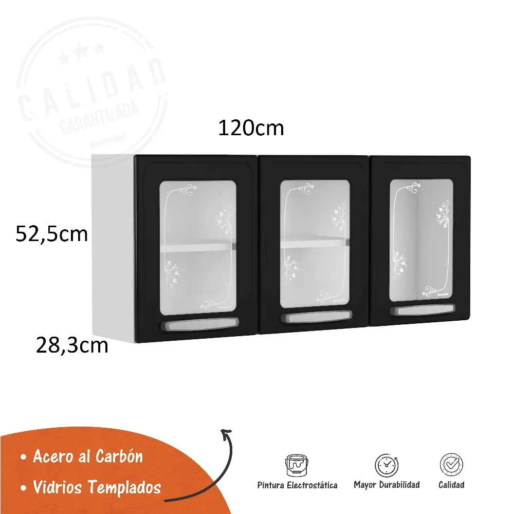 Mueble Superior De Cocina 3 Puertas Vidrio Bertolini Plus Negro