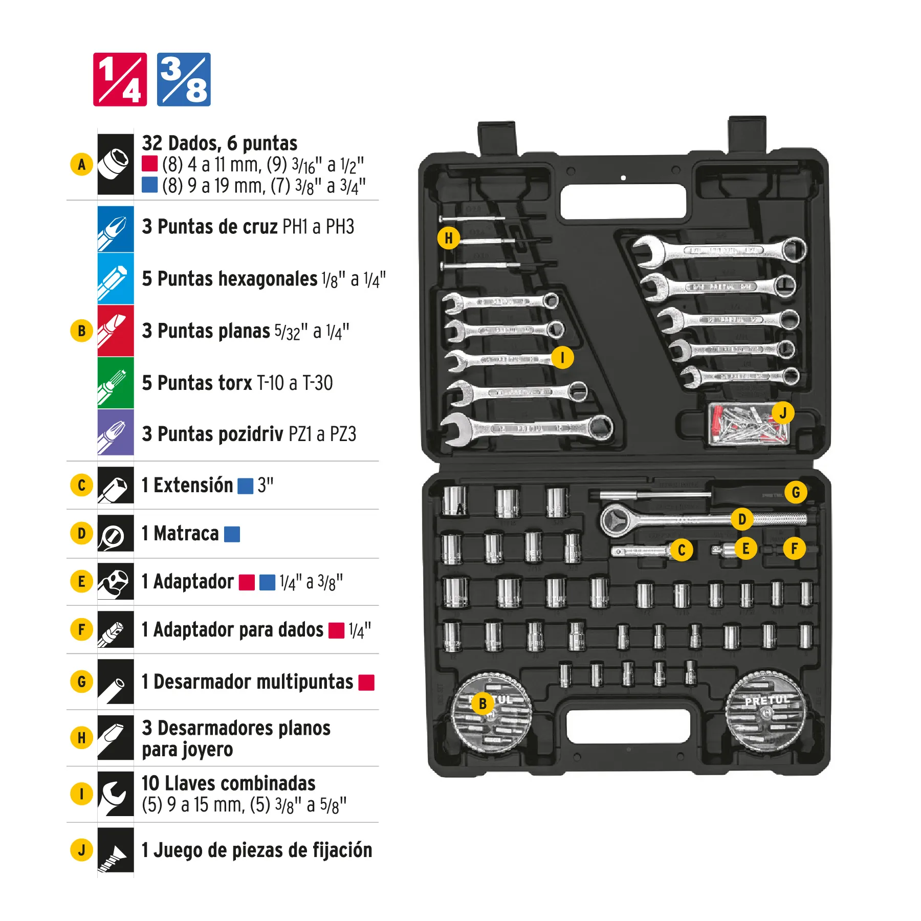 Juego De 71 Herramientas 1/4" Y 3/8" Para Mecánico, Pretul