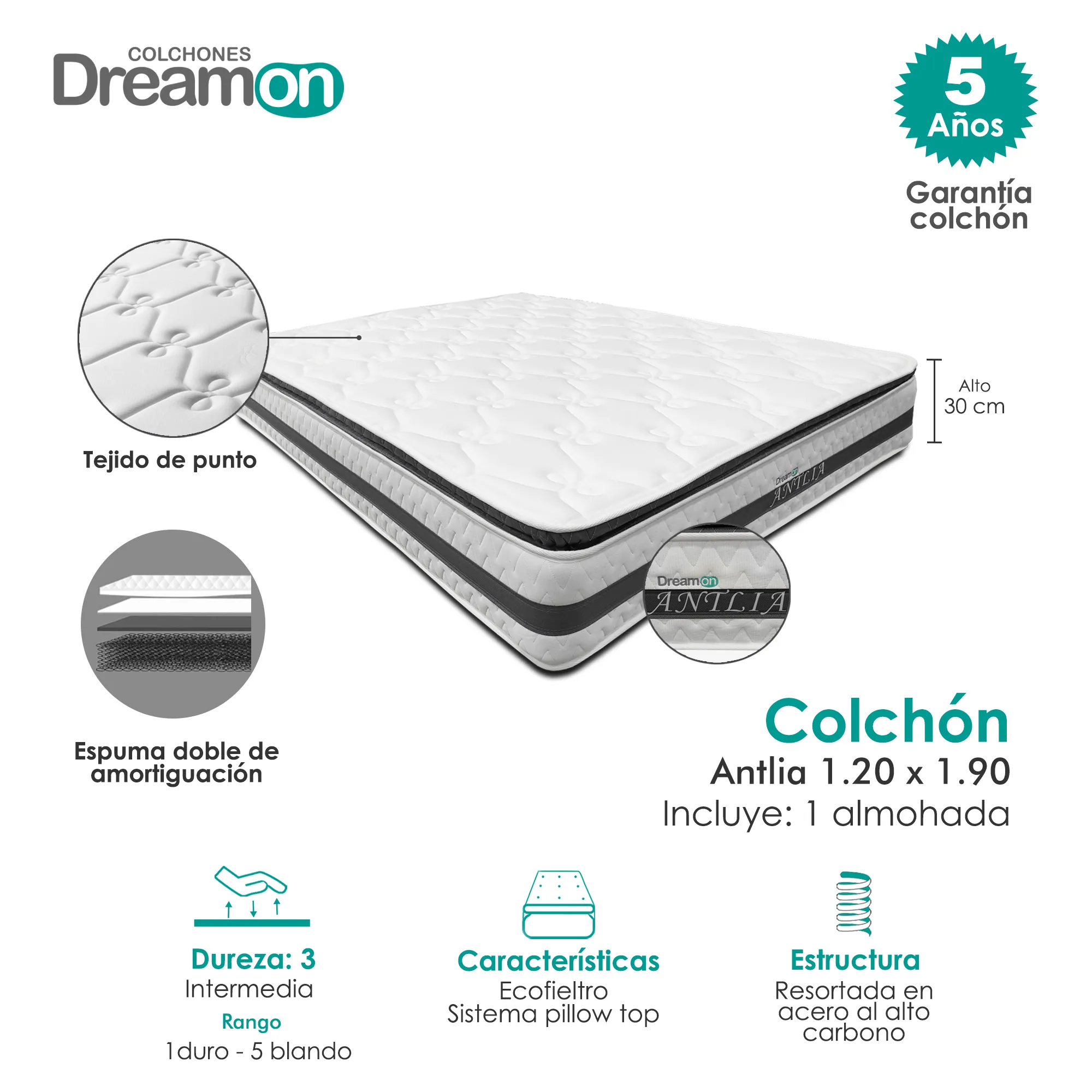 Colchon DreamOn Antillas 120 x 190 cm Dureza Intermedia