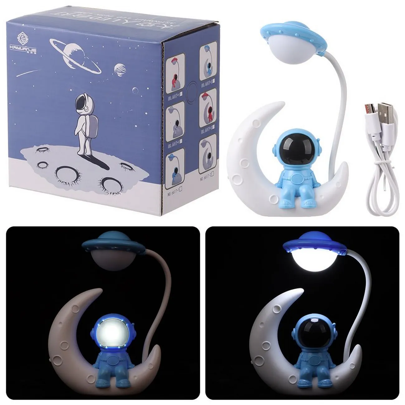 Lampara Luna Astronauta 3d Recargable Escritorio Mesa Azul