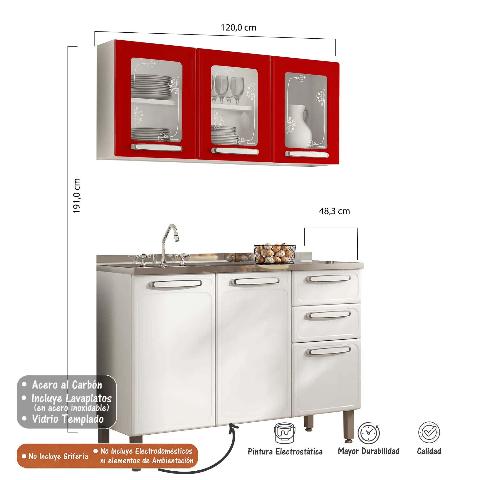 Cocina Integral Bertolini En Acero 1.20m Incluye Lavaplatos Color Rojo y Blanco