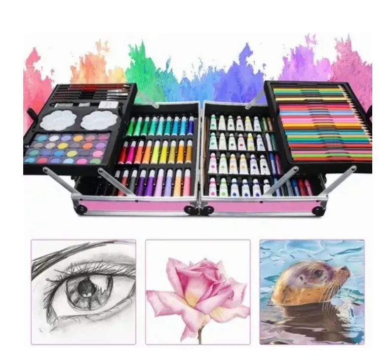 Set De Arte En Caja Metalica Kit De Dibujo 145 Piezas