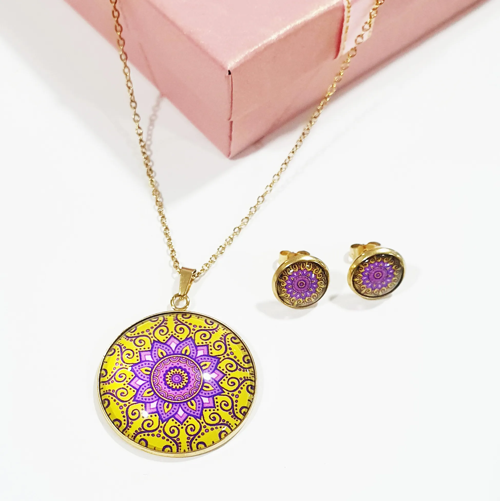 Collar Aretes Juego Acero Mandala + Estuche