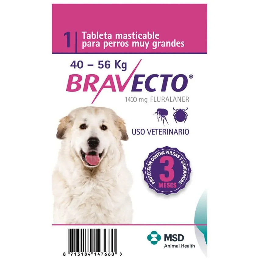 Bravecto Control Pulgas Garrapatas Perros 40 A 56Kg Tableta 1400Mg