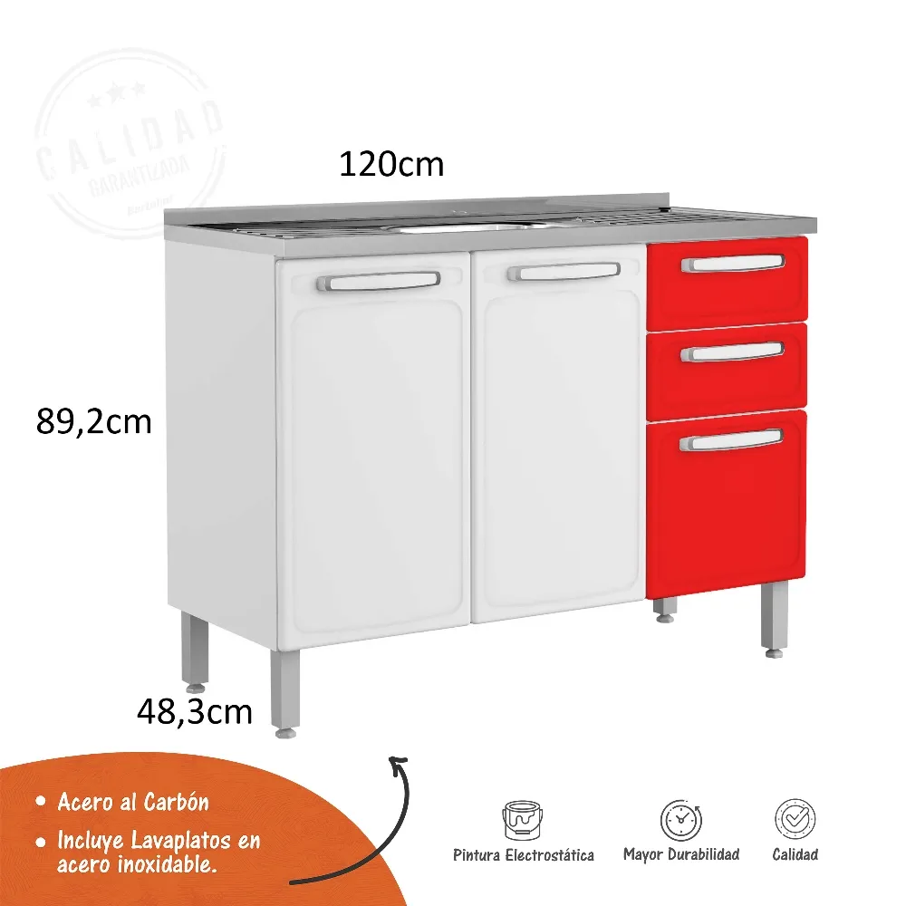 Mueble Inferior De Cocina En Acero Bertolini Incluye Lavaplatos Color Rojo