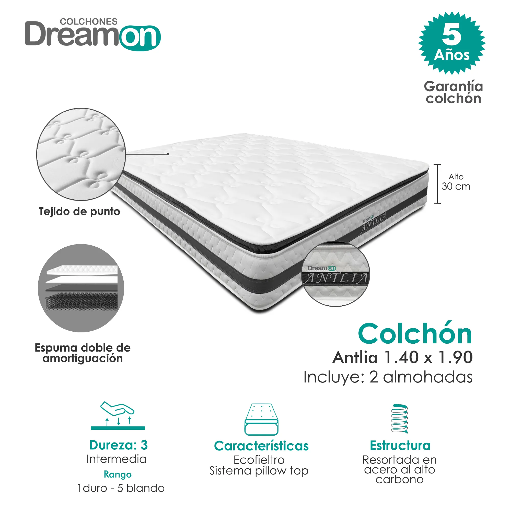 Colchon DreamOn Antillas 140 X 190 Cm Dureza Intermedia