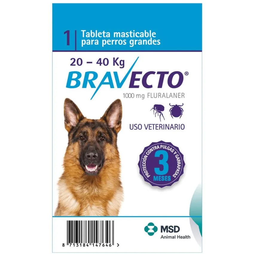 Bravecto Control Pulgas Garrapatas Perros 20 A 40Kg Tableta 1000Mg