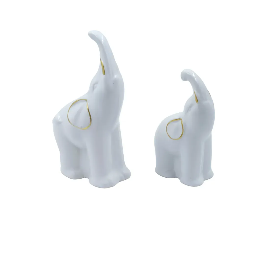 Elefante Decorativo X2 Blanco Con Dorado En Ceramica Lafe