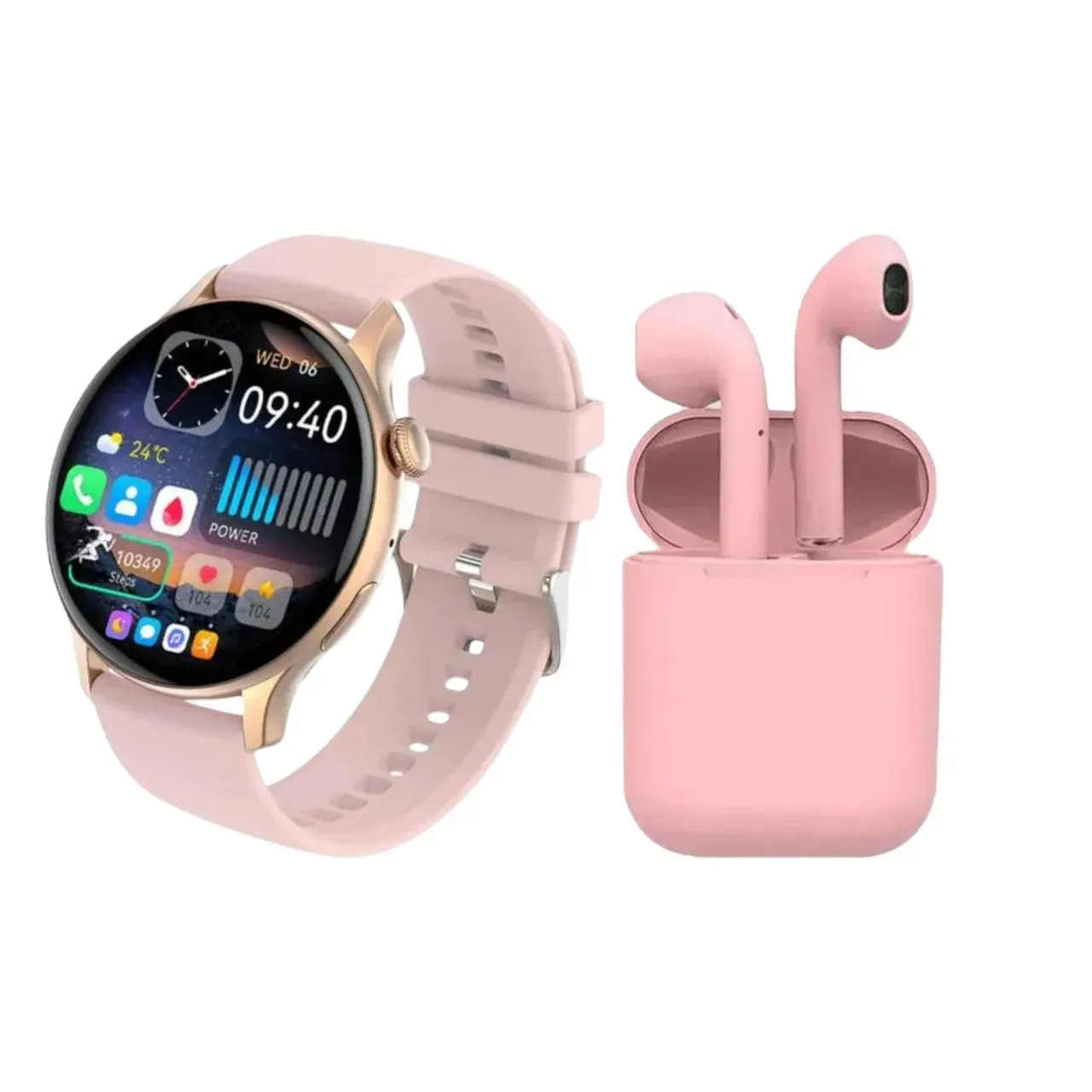 Combo Reloj Inteligente SmartWatch Sumergible + Audífonos I12 Bluetooth Rosa