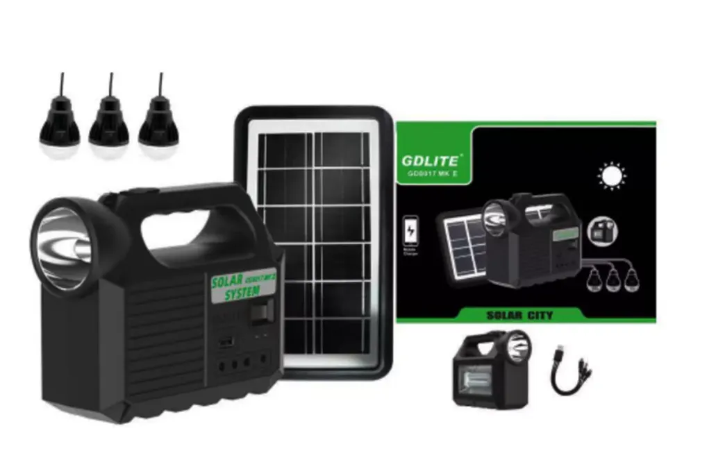 Kit Lampara Panel Solar Linterna + 3 Bombillas Usb Gd 8017