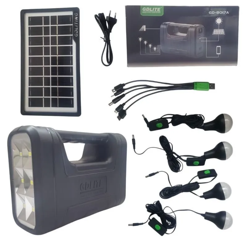 Sistema de Iluminacion Portatil Panel Solar 4 Bombillos Linterna Bateria Cargador GDLITE GD-8017A