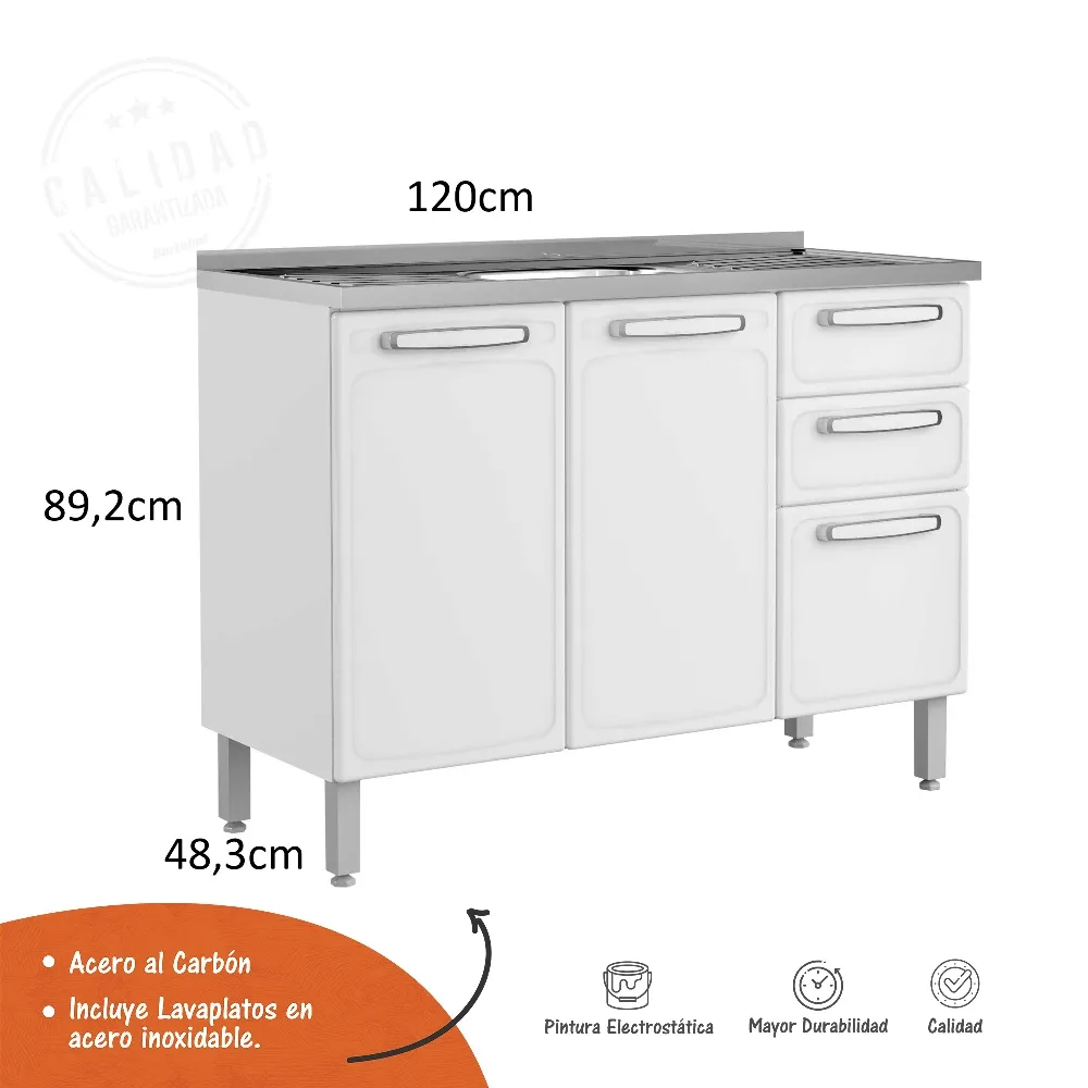 Mueble Inferior De Cocina En Acero Bertolini Incluye Lavaplatos Color Blanco