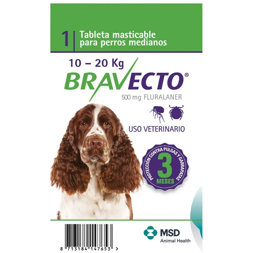 Bravecto Control Pulgas Garrapatas Perros 10 A 20Kg Tableta 500Mg