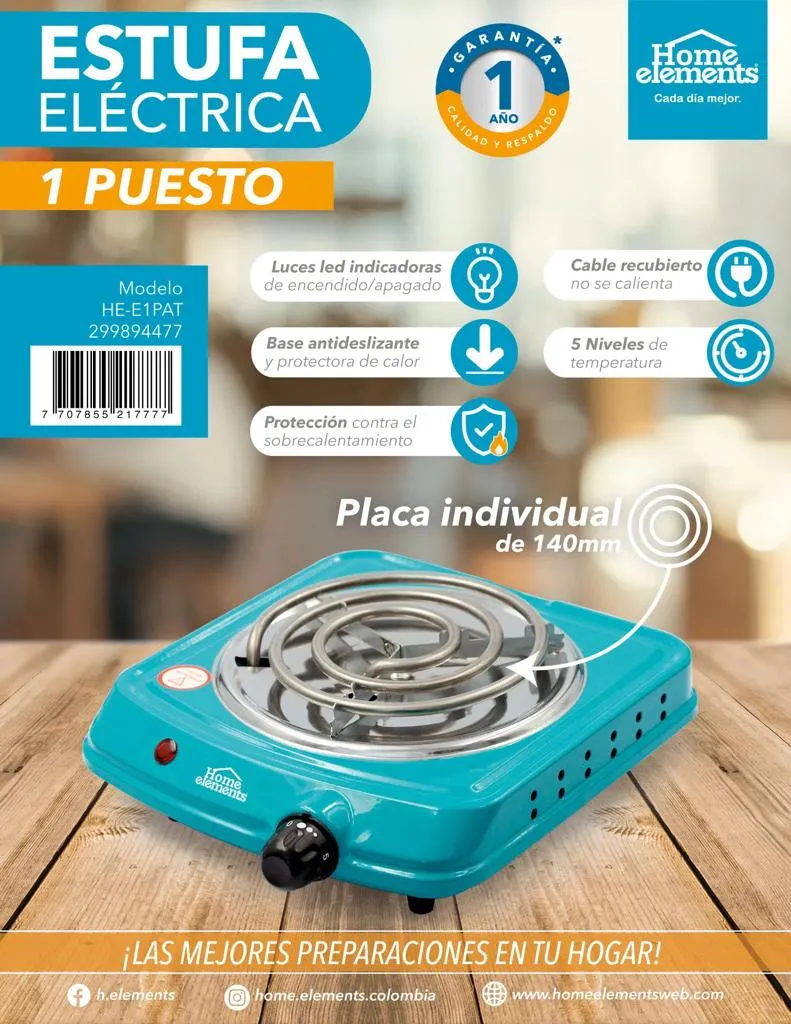 Estufa Electrica 1 Puesto Azul Turqueza HE-E1PAT Home Elements