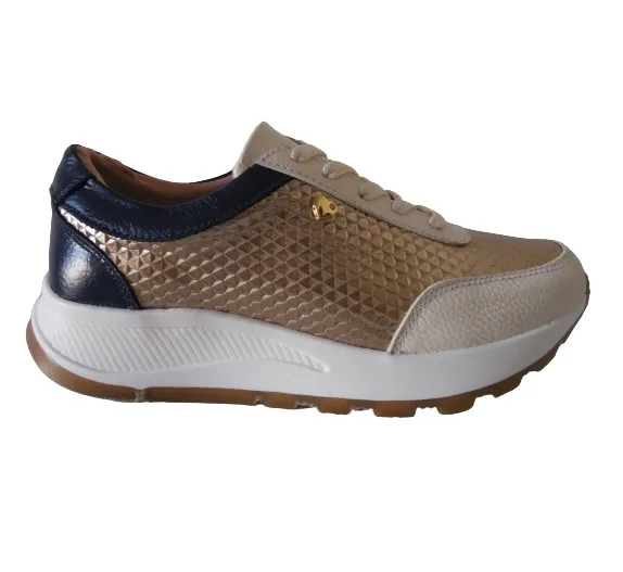 Tenis Tipo Sneakers En Cuero Para Mujer CALZADO GUERREROS LF-001 Crema x Dorado