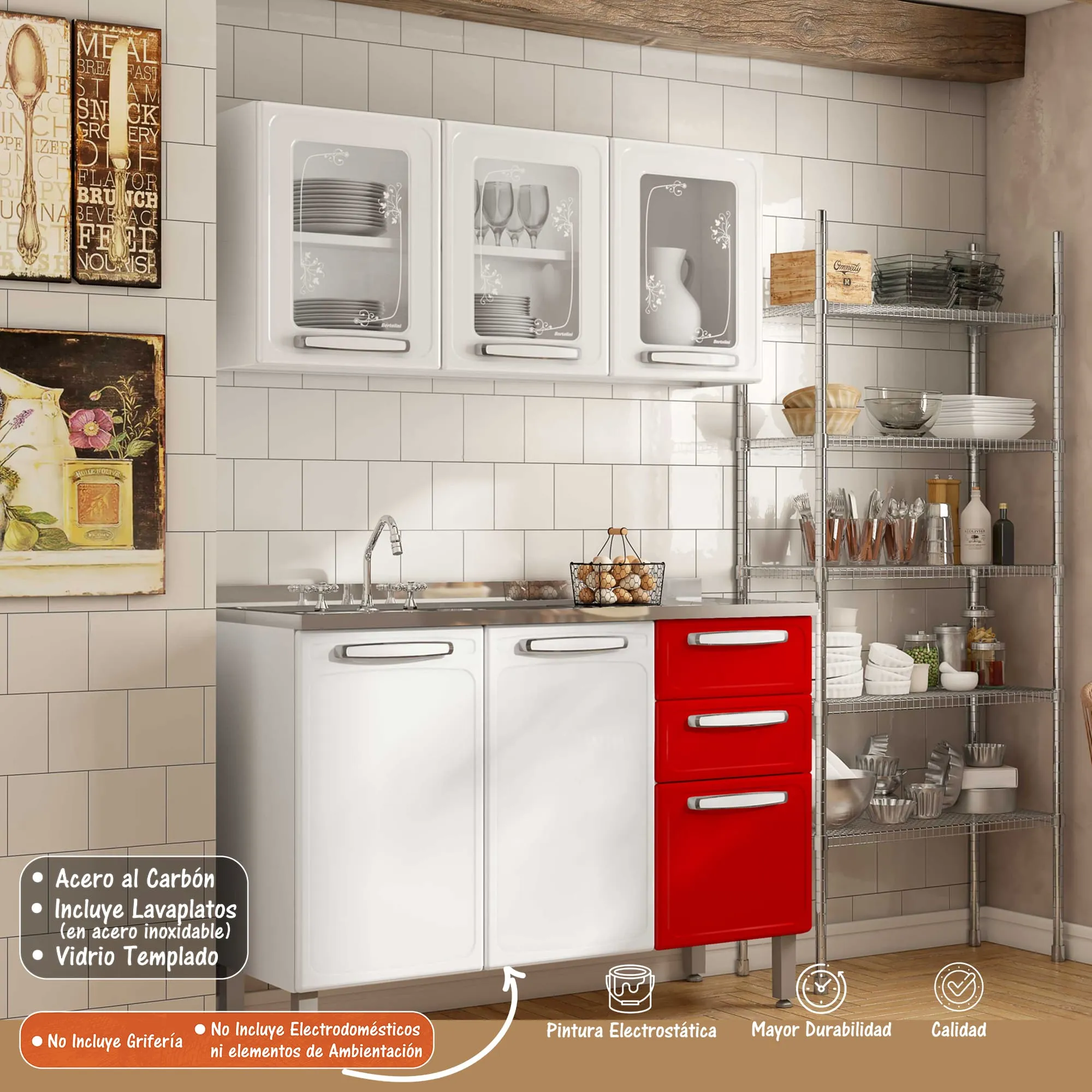 Cocina Integral Bertolini En Acero 1.20m Incluye Lavaplatos Color Blanco Con Rojo