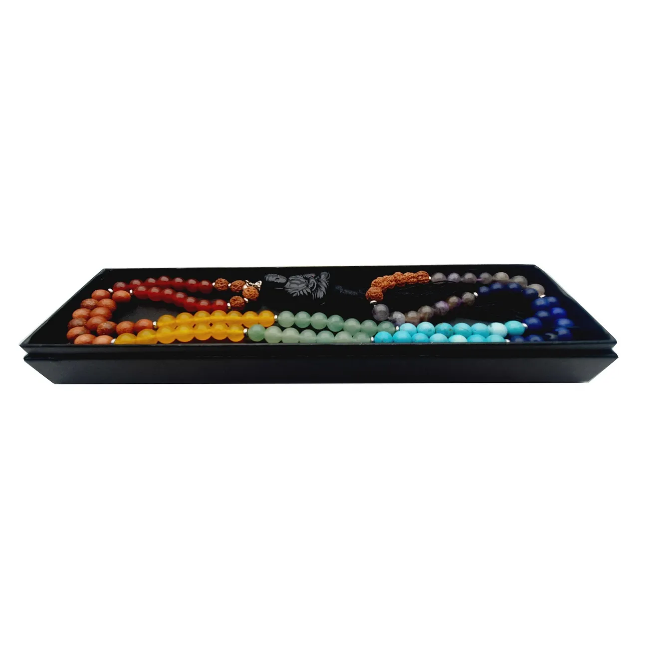 Japa Mala Buda Negro Cuarzo 7 Chakras 108 Cuentas + Estuche