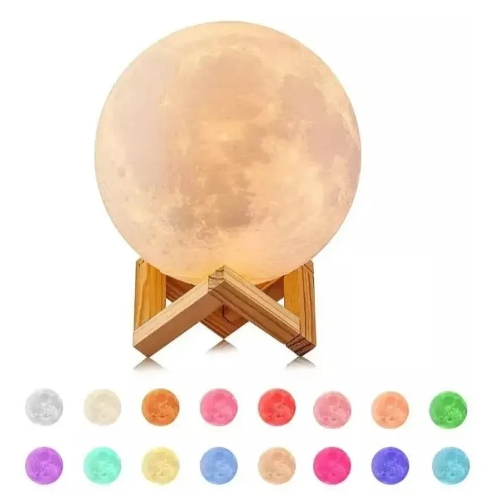 Lámpara Luna Moonlight Recargable 3d Colores Led Base Madera