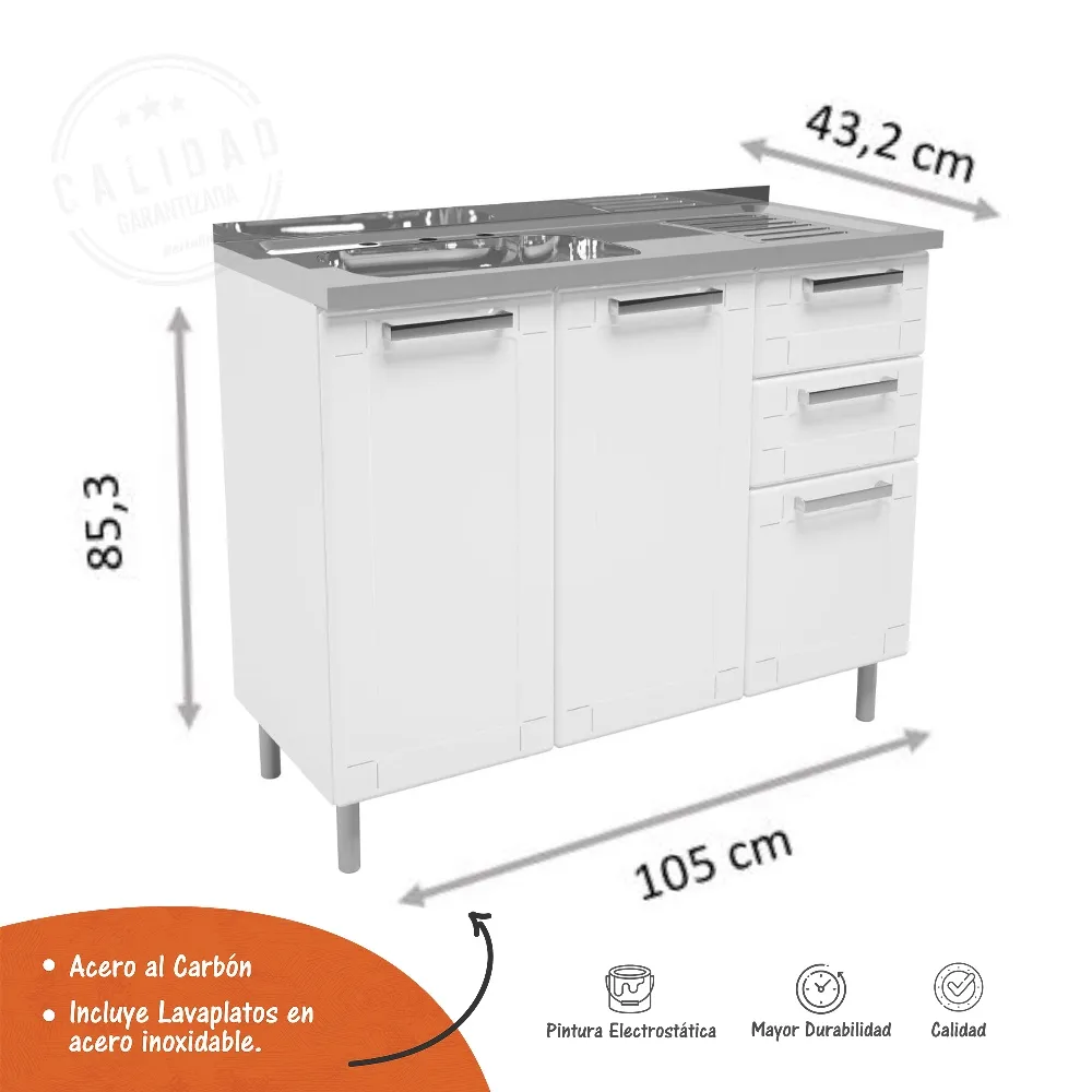 Mueble Inferior 1,05m 2 Cajones Con Lavaplatos Multipla Blanco