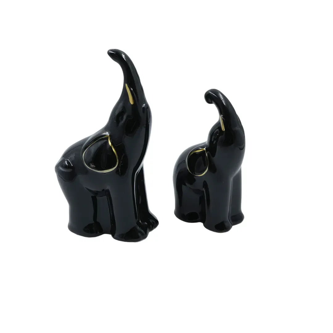 Elefante Decorativo X2 Negro Con Dorado En Ceramica Lafe